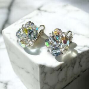 Vintage Coro Earrings Womens Silver Tone AB Crystal Flower Cluster MCM Clip On